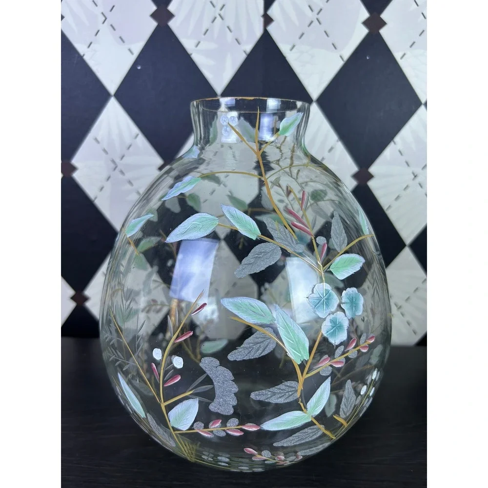 Anthropologie Bella Handpainted Floral Glass Vase Large 9.5 Inch